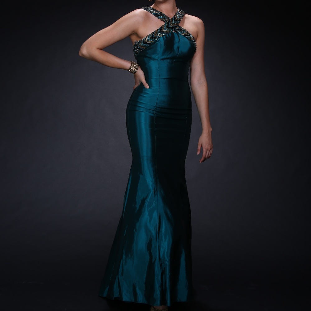 SHERRI HILL Green Evening Gown with Beaded Detail